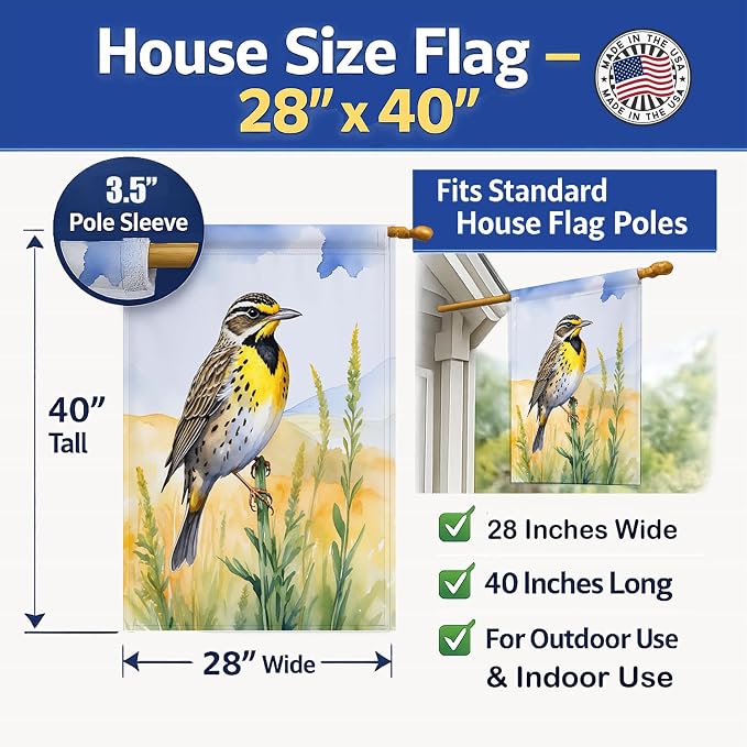 Caroline's Treasures Nebraska Western Meadowlark House Flag Large Porch Sleeve Pole Decorative Outside Yard Banner Artwork Wall Hanging, Polyester, House Size, Multicolor
