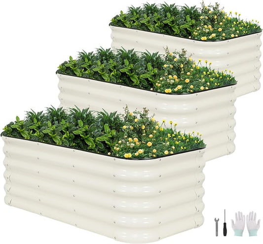 3 Pcs Raised Garden Beds Outdoor, 17" Tall 3-in-1 Modular 4x2ft Galvanized Metal Planter Box with Bracing Rods and Gloves for Vegetables Flowers Herbs, White