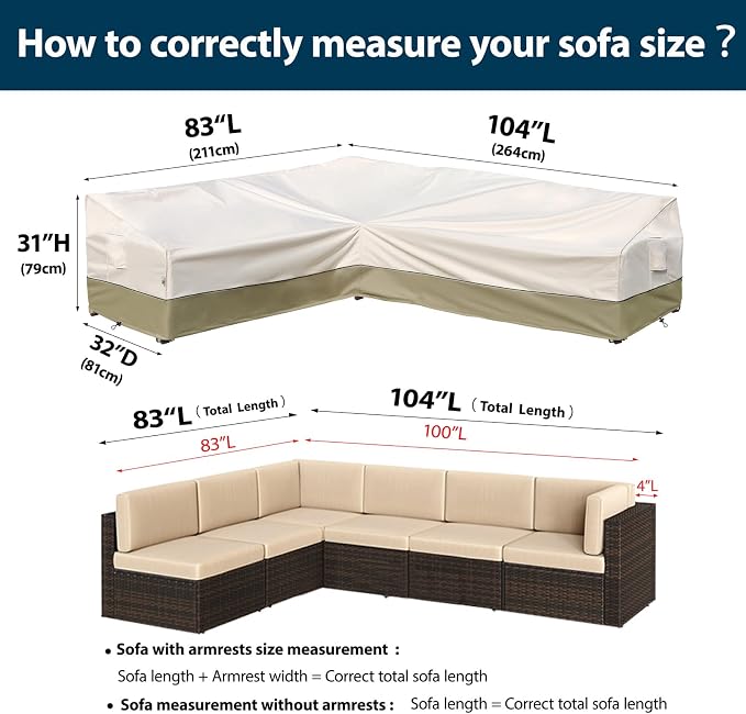 Outdoor Sectional Cover-L-Shaped Patio Furniture Covers Waterproof Rip-Stop Anti-UV 600D Heavy Duty Outdoor Couch Cover with 3 Air Vents, Left-facing, 83''L(104''L)32''D 31''H, Light Green