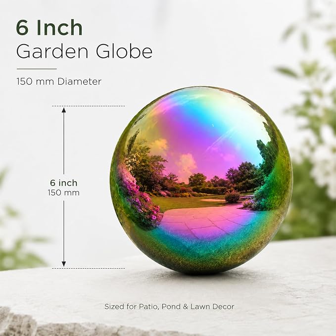 Gazing Ball Garden Mirror Outdoor - 6 Inch Outside Decorative Globe Rainbow | Metal Polished Reflective Sphere, Stainless Steel Hollow Decoration Ornament for Home Pond Swimming Pool Housewarming Gift