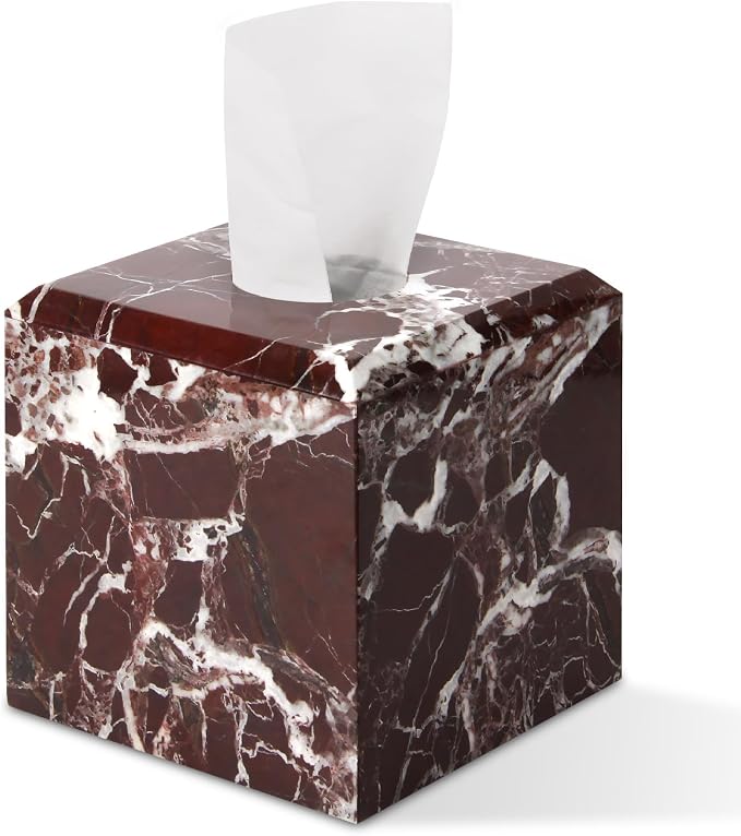 Natural Marble Square Tissue Box Cover ,Stone Modern Decorative Sturdy Napkin Box Holder Case,Facial Paper Organizer for Bathroom Vanity Toilet Countertop,Kitchen (1, Rosso Lepanto, 5.71*5.71*5.51)