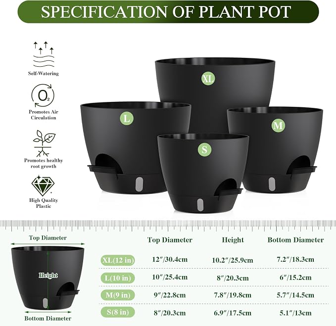 Plant Pots, 4 Pack 12/10/9/8 Inch Self Watering Pots with Drainage Holes, Water Level Indicator Deep Reservoir, Large Planters for Indoor Outdoor Plants - Black