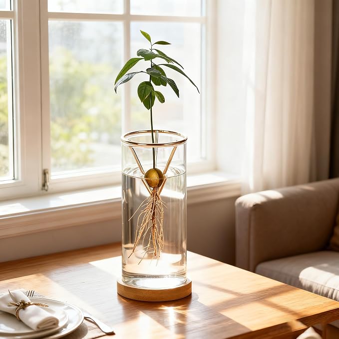 Bylion 2 Pack Avocado Tree Growing Kits - Avocado Growing Vase - Avocado Seed Starter Vase Glass Plant Pot Easy Seed Sprout Starter Gift for Women Gardening Lovers Home Office Table Decoration (Gold)