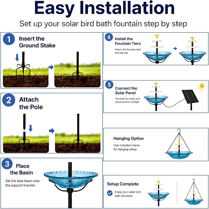 Solar Bird Bath Fountain for Outside,Plastic Birdbath with Metal Stand and Hook,New Spray System Outdoor Water Fountain,Floor-Standing and Wall-Mounted for Garden, Yard, Patio & Lawn Decor (Blue)