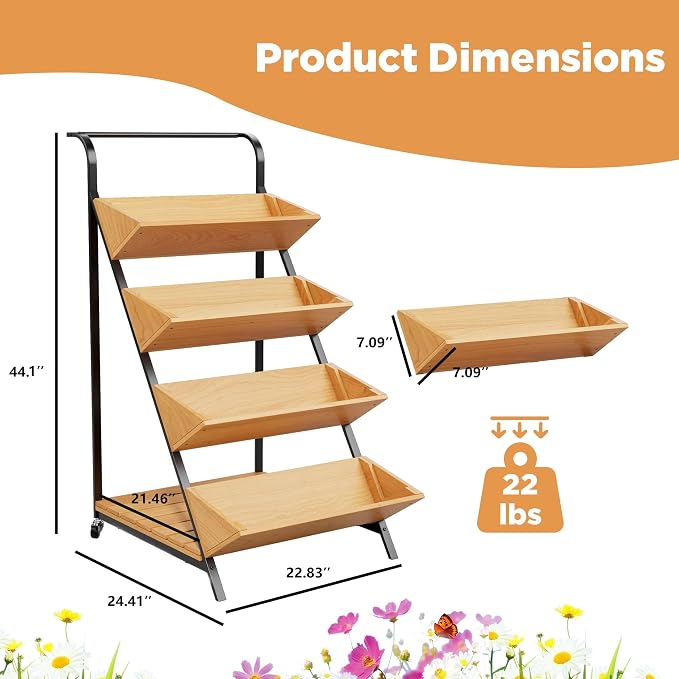 4-Tier Vertical Raised Garden Beds Indoor Outdoor Freestanding Tiered Planter Box with Metal Frame & Wheels for Herbs Vegetables Fruits Wooden Flower Display Stand for Patio, Balcony & Yard (Wood6)