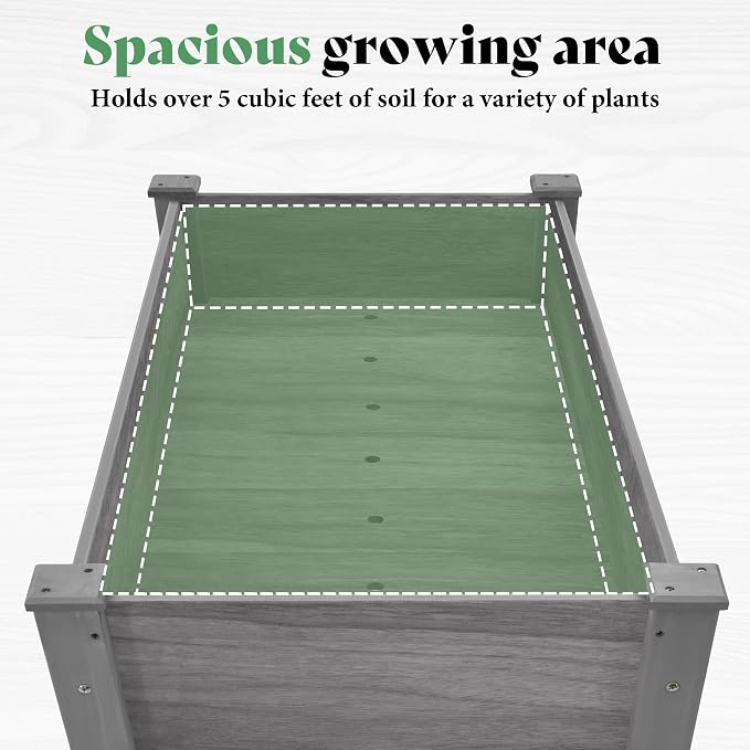 AMERLIFE Raised Garden Bed, 48x30x24 Inches Elevated Wood Planter Box with Legs, Bed Liner, Divider and Drainage Holes for Backyard, Patio, 200 lb Capacity - Grey