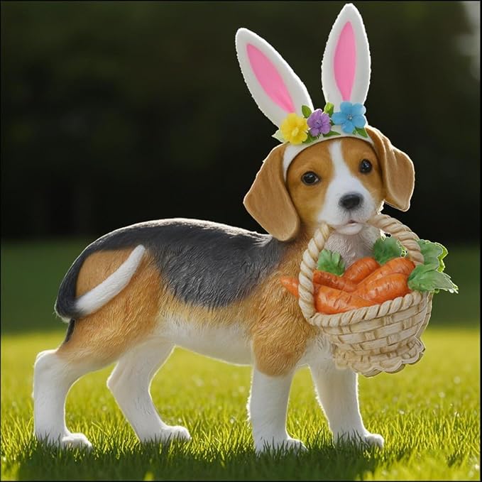Cynkeyee Dog Garden Statue Decoration - Cute Puppy Beagle with Bunny Ears | Carrot Basket Doggy Figurines, Tabletop Self Floor Indoor Garden Decor, 11.5x4x10.5 inch