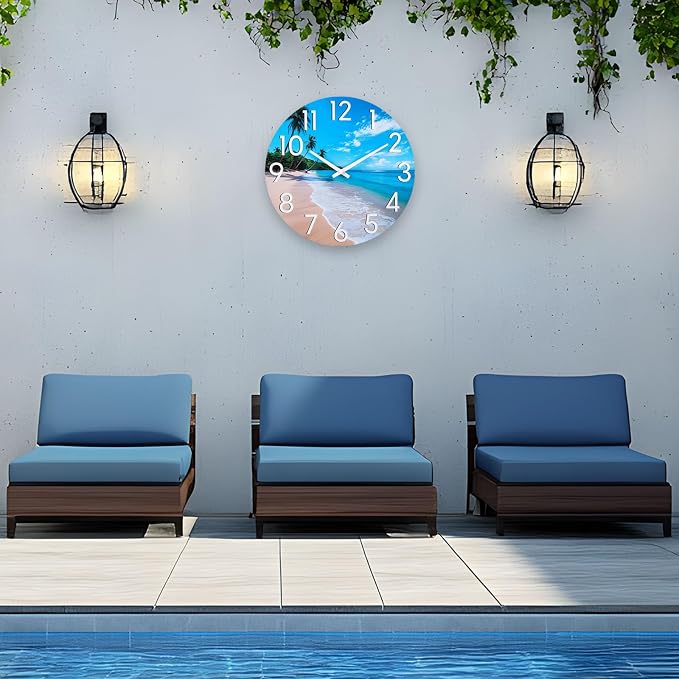 JoFomp Beach Outdoor Clocks for Patio, Large Outdoor Clocks Waterproof 14 Inch with Glass, Outdoor Wall Clocks Battery Operated, Pool Clock Outdoor Weatherproof, Outside Clock for Backyard/Garden