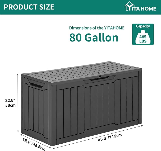 YITAHOME 80 Gallon Resin Deck Box, Weather Resistant Outdoor Storage Box, Lockable Indoor Outdoor Storage for Supplies and Essentials, Dark Gray