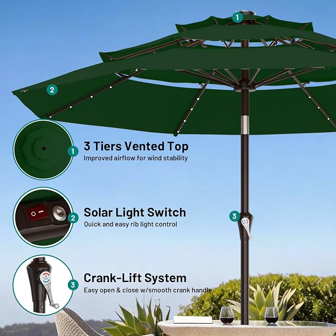 AreShark 9ft 3 Tiers Patio Umbrella with Solar Lights, Outdoor Umbrella w/ 32 LED Lights&8 Sturdy Ribs, Table Umbrella for Deck, Backyard, Pool (Dark Green)