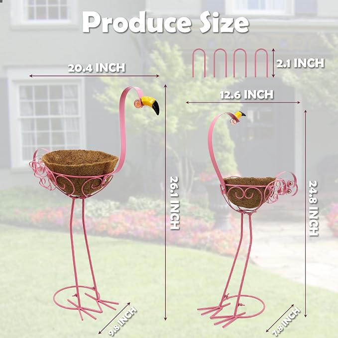 Pink Flamingos Metal Potted Plants Holders with Coconut Flower Pots | Manortang Set of 2 Yard Flamingos Plant Stand Indoor & Outdoor, Floral Garden Christmas Decor, Flower Pot Stand Outdoor