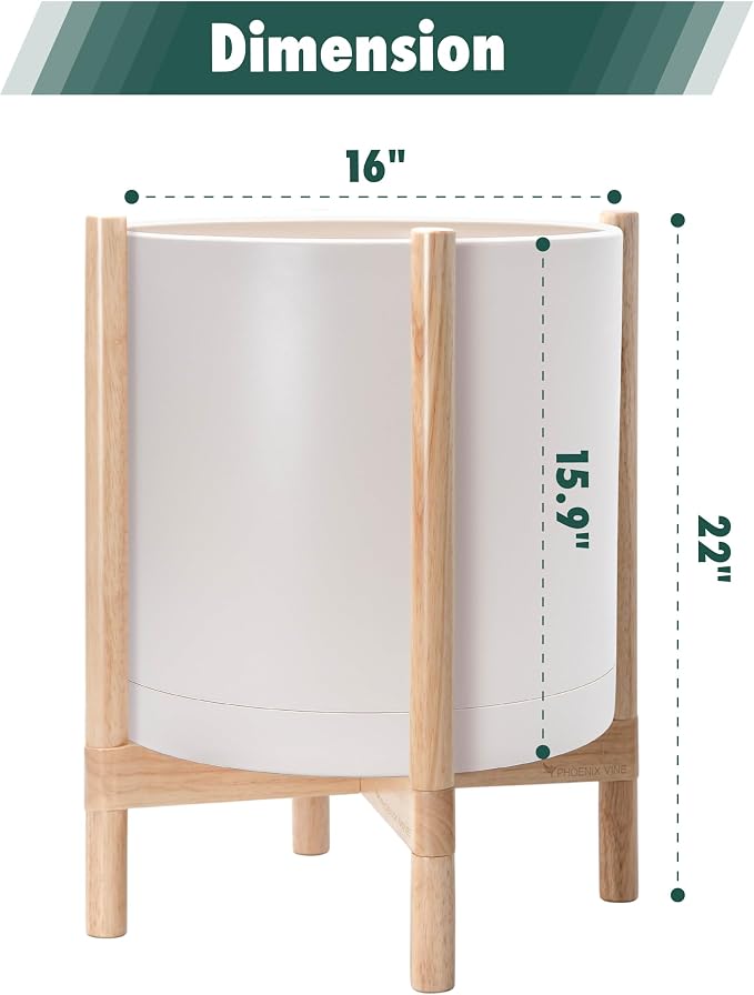 D'vine Dev Planter Pot with Stand - 16 Inch Plastic Cylinder Flower Pot with Wood Planter Holder for Indoor, Oatmeal Pot + Natural Stand, 55-C-Y-4