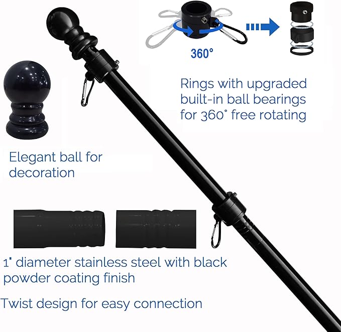 MTB Garden 5ft Black Steel Flag Pole and Holder, 1 inch Flag Pole for Outside House Porch Flagpole Mount