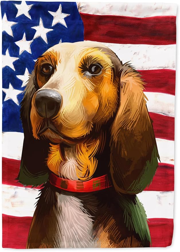 Caroline's Treasures CK6464GF Bruno Jura Hound Dog American Flag Garden Flag Mailbox Flag Decorative Yard Flag Banner Outside Patio Artwork Yard Flower Beds, Garden Size, Multicolor