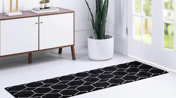 Unique Loom Trellis Frieze Collection Area Rug - Geometric (2' x 13' 1" Runner, Black/ Ivory)
