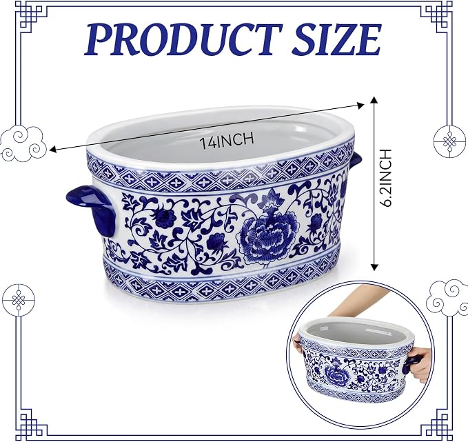 LemonRoad Blue and White Ceramic Planter Pot 14 x 7.7 x 6.1 inches Porcelain Vintage Floral Oval Cachepot Vase Chinoiserie Decor for Indoor Plants Flowers Succulents Home Living Room (Classic Style)