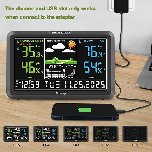 DreamSky Weather Station Indoor Outdoor Thermometer Wireless for Home | Digital Atomic Clock, Large Display with Dimmer, USB Port, Inside Outside Temperature Humidity Monitor (Plug-in)-3 Sensors