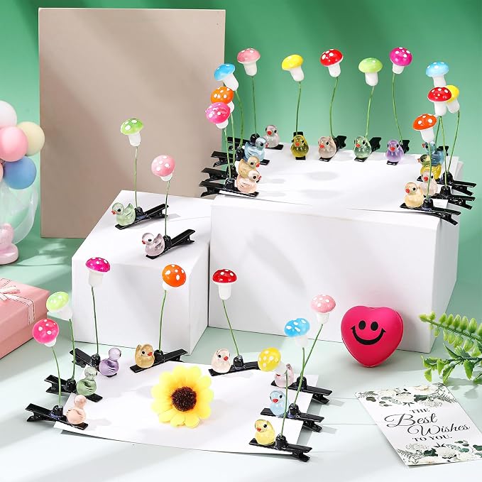 Tigeen 100 Pcs Glow Rave Trinkets Festival Duck Hair Clip with Bean Sprout Mushroom Sprout Hairpins Holiday Funny Plant Flower Hair Accessories for Women Music Festival