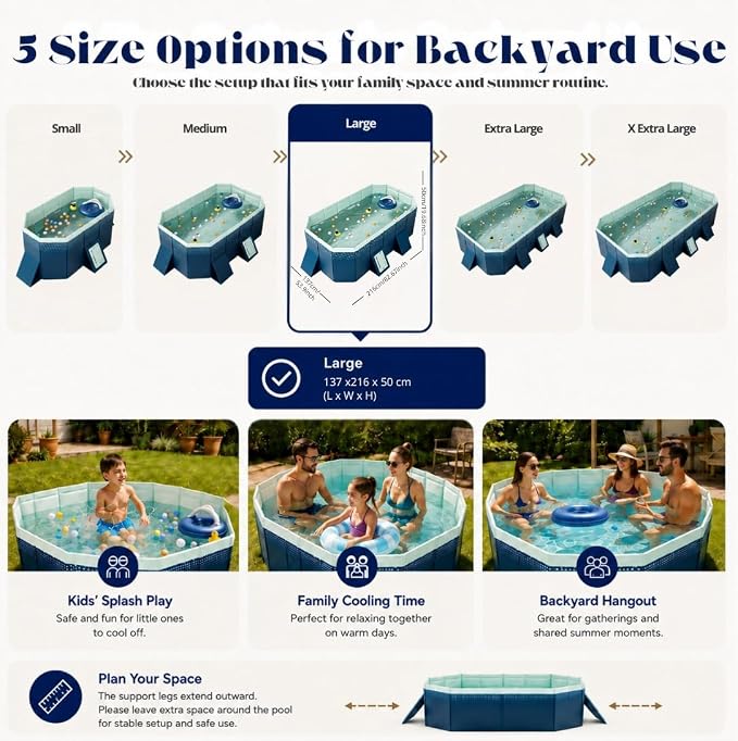 82.67-Inch Foldable Swimming Pool, Blue Non-Inflatable Rectangular Pool for 3-4 People, 4-Layer Composite PVC, Aluminum Alloy Frame, Dual Drains for Backyard Summer Fun