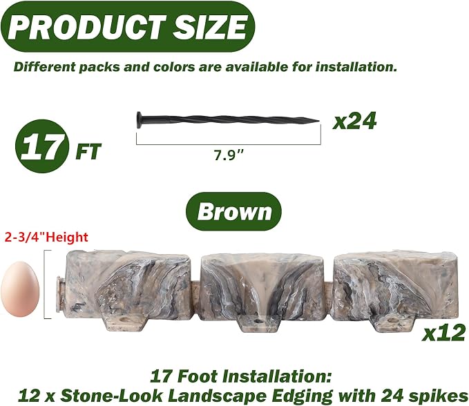 Landscape Edging Garden Edging Border Faux Stone Edging,17FT x 2.75 in Tall Decorative Stone-Look Garden Border for Flower Bed Edging,Yard Edging,Lawn Trees and Gardens,with Anchoring Spikes,Brown