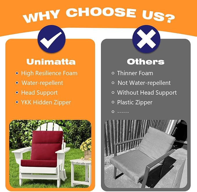 Unimatta Outdoor High Back Chair Cushion Seat Pads, 44 x 21 Inch Water-Repellent & Fade-Resistant Patio Furniture Cushions with Ties for Adirondack, Rocking Chairs, Red