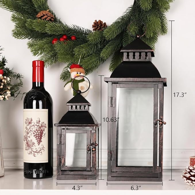 NEEDOMO Bronze Metal Lanterns Decorative Outdoor & Indoor, Set of 4 (17" & 10") with Glass, Candle Holder for Porch, Patio, Garden, Balcony, Wedding, Table Centerpiece Decorations