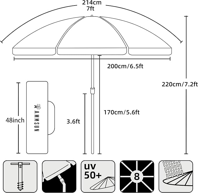 AMMSUN 7ft Heavy Duty High Wind Beach Umbrella Parasols with sand anchor & Tilt Sun Shelter, UPF 50+ Protection Outdoor Sunshade Umbrellas Carry Bag for Patio Garden Pool Backyard Multicolor