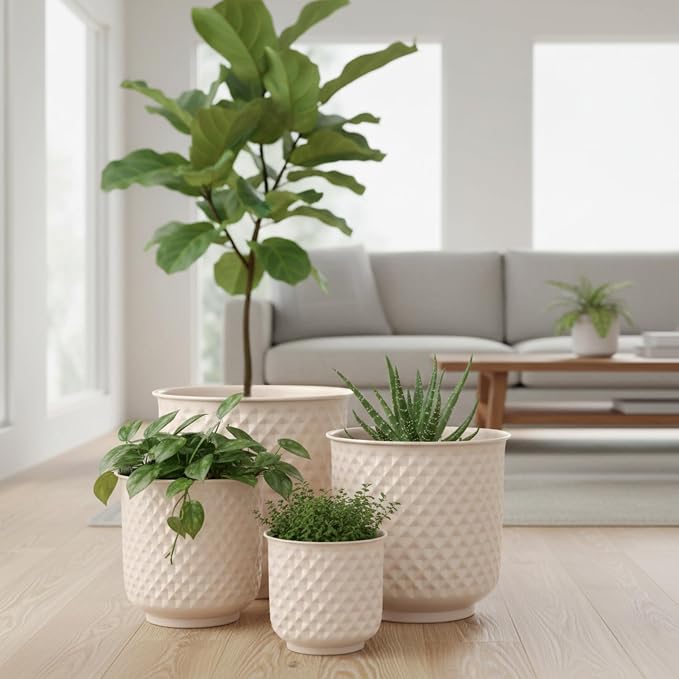 Bloem Prism Indoor Metal Cachepot Set - Includes 6", 8", 10" and 12" Decorative Planters with Powder-Coated Finish, Removable Drain Plugs, Cream