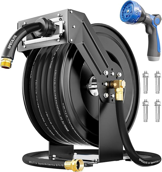 SPECILITE Retractable Hose Reel with 3/4'' Hot/Cold Garden Water Pipe 65ft, -50℉ -190℉, Heavy Duty Metal Wall Mount Spool, with 6ft Lead Hoses, Nozzle, 3/4'' Brass Fittings for Garage, Yard, Black