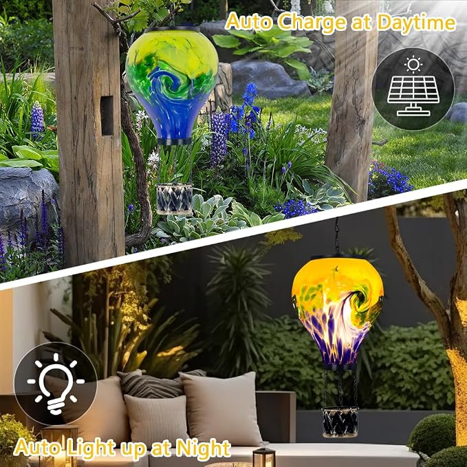Solar Hot Air Balloon Lantern with Flame | Handmade Glass, Solar Lantern Waterproof, Decorative Lamp for Patio, Garden, Porch, Green & Blue