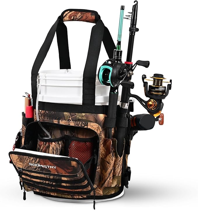 Boomistry Fishing Bucket Organizer for 5 Gallon Bucket, Brown Camo | 15 Multi-Pockets, 4 Built-in Rod Holder Storage, 3 Adjustable Buckles, for All Fishing Gear & Tackle Accessories
