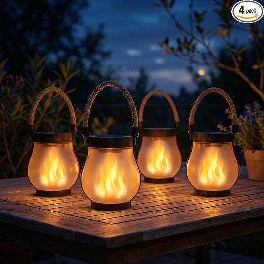 Solar Lanterns Outdoor Waterproof 4 Pack, Outdoor Solar Lanterns with Flickering Flame Effect, USB-C & Solar Charging, Auto Dusk to Dawn, Hanging Light for Garden Patio Yard