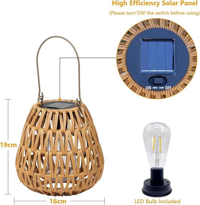 2 Pack Solar Lights Outdoor Waterproof, Rattan Solar Lantern, Hanging Outdoor Solar Lights for Yard, Outdoor Solar Lanterns Decorative, Garden Lights Solar Powered for Tree, Patio, Table Lantern Decor