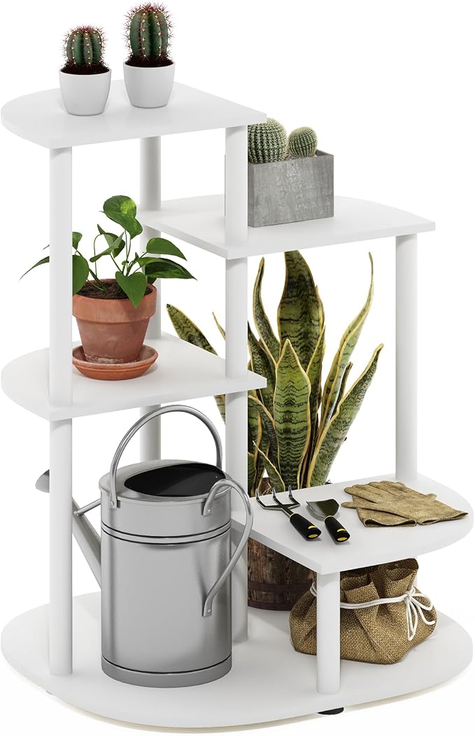 Furinno Celuka 4-Tier Indoor Outdoor Plant Stand Plant Shelf Corner Display Rack for Multiple Plants, White/Virgin White