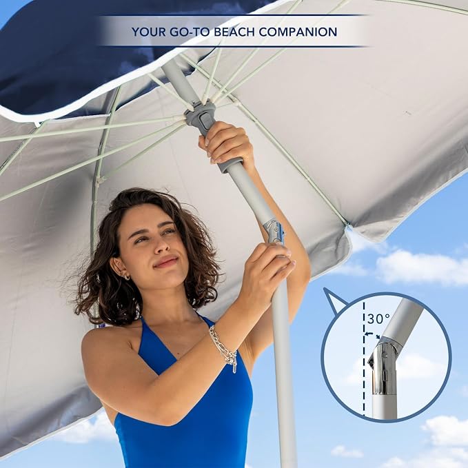 AMMSUN 7ft Beach Umbrella with Sand Anchor Sand Screw, Tilt, Windproof, Sun Protection,UPF 50+ Silver Coating Inside and Telescoping Pole for Outdoor Patio (Solid Navy)