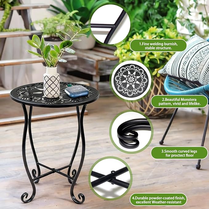 Arbuxzuy 17" Tall Round Metal Outdoor Side Tables for Patio, Decorative Black Flower Pot Stand, Rustproof Potted Holder, 120 lbs Load Capacity