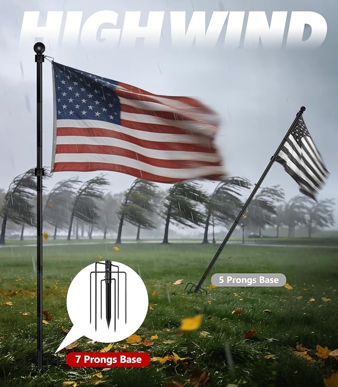304 Stainless Steel 8FT In Ground Flag Pole with 7 Prongs Base, Heavy Duty Extra Thick Camper Flag Pole, 1 Inch Inground Flag Pole for Outside House, Yard, Garden (Black-8FT)