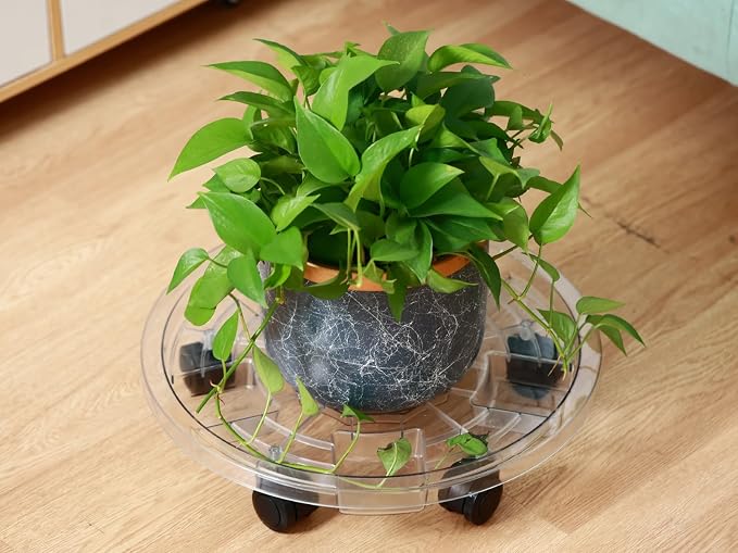 4 Packs 16 Inches Extra-large Clear Plant Caddy Plant Saucers on Wheels Rolling Plant Stands Heavy-duty Plant Dolly Plastic Planter Roller Base Pot Movers Outdoor Plant Tray Coaster