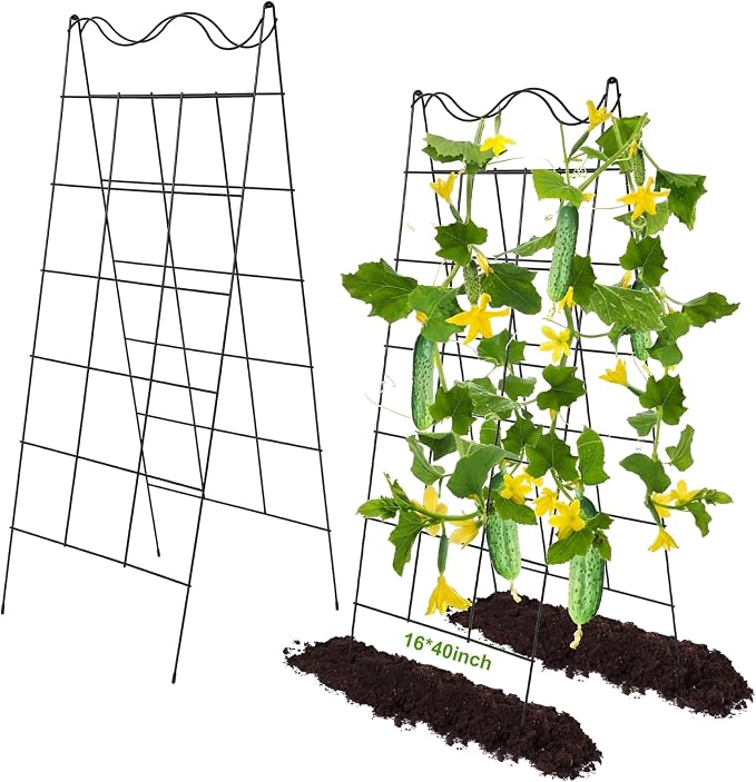 Wesiti 2 Pack A Frame Garden Trellis for Raised Bed, 16.5 x 40 Inch Heavy Duty 5 mm Steel Cucumber Trellis Foldable Climbing Plant Support for Cucumbers Tomatoes Peas Squash Zucchini Vine Vegetables