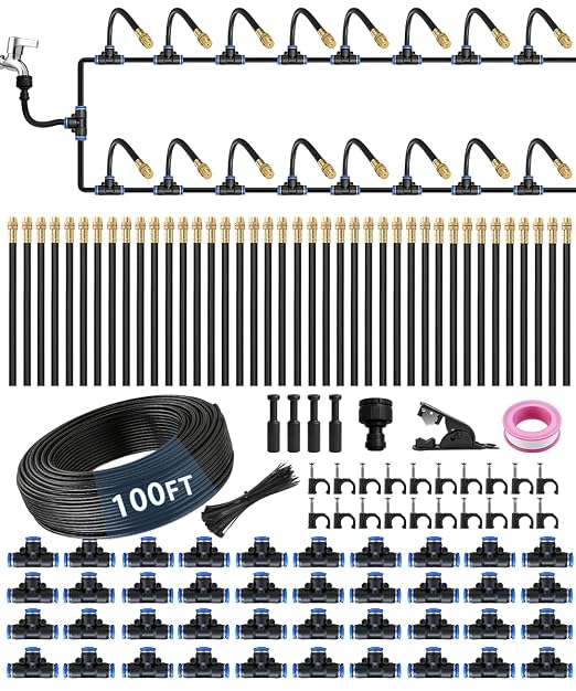 100FT 5/16" Misting Irrigation System for Garden with 40 Adjustable Nozzles | 360° Bendable Copper Nozzles, Quick Connect, Steady Flow, UV-Resistant PE Tubing & Accessories, Garden Beds& Greenhouse