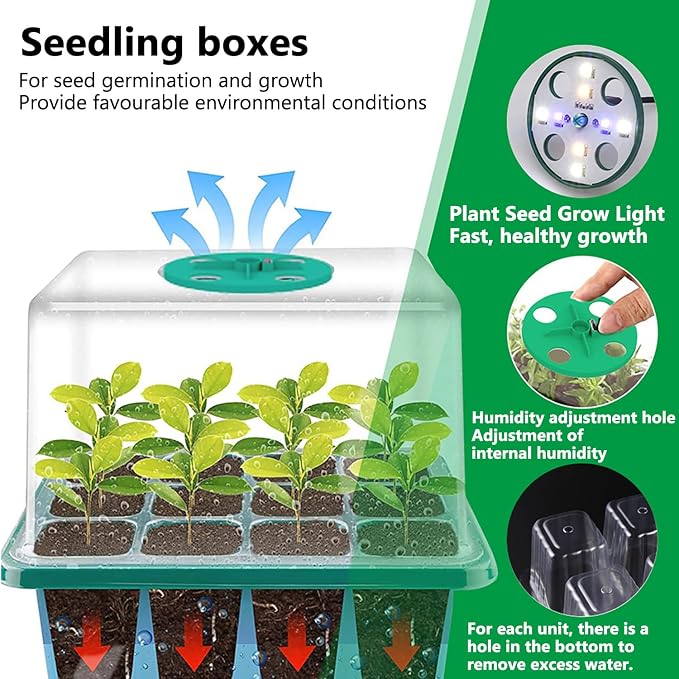 6-Pack Seed Starter Tray Kit with Grow Light | Adjustable Brightness & Timing Controller, Seedling Trays with Humidity Domes & Heightened Lids, Thicken Design