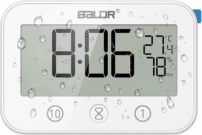 Digital LCD Waterproof Timer Shower Clock, Waterproof for Water Spray, Bathroom Clock Wall Mount, Two Suction Cup, Displays Time, Temperature, and Indoor Relative Humidity (1, White)