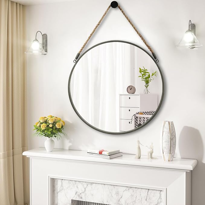 POZINO 30 Inch Large Round Hanging Mirror with Grey Metal Frame | Circle HD Mirror with Jute Rope, Anti-Rust, Farmhouse Decorative Wall Mirror for Entryway, Living Room, Fireplace, Bathroom