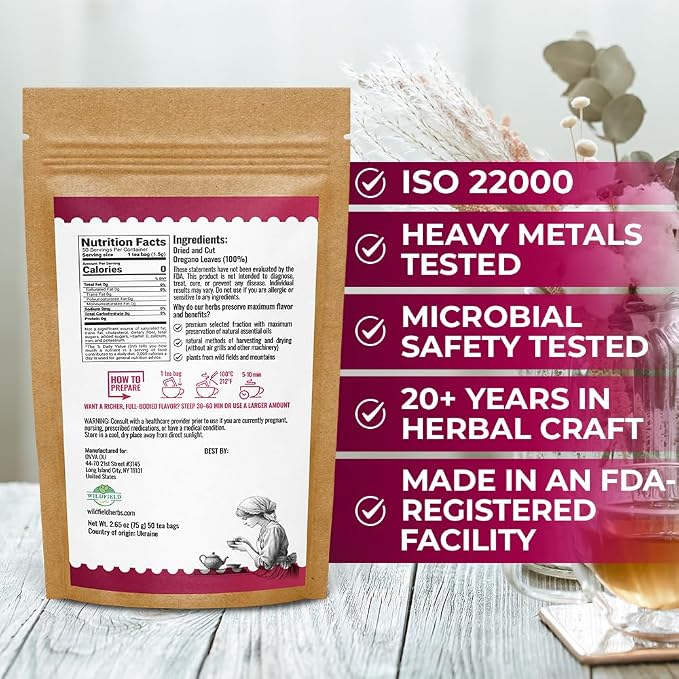 50 Bags Oregano Tea Dried Oregano Leaves Herbal Tea Bag (Origanum Vulgare L.) - 50 Count 1.5g Bags Dry Égano Leaf Herb
