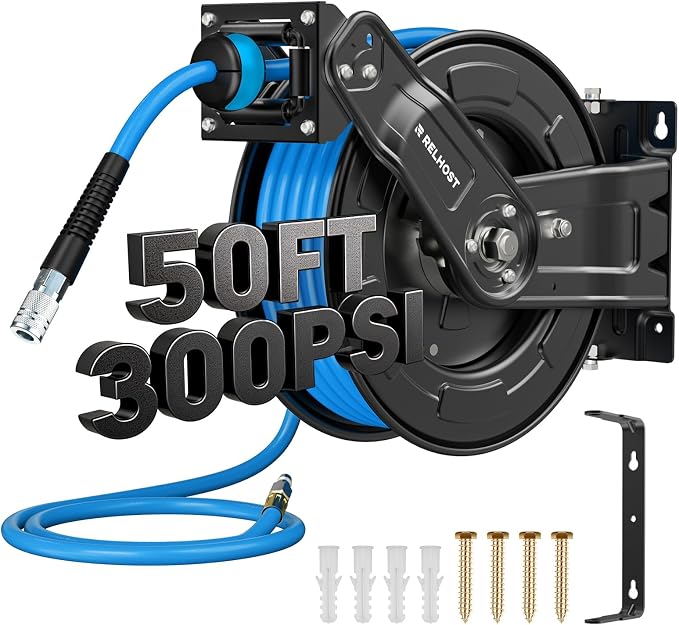 Relhost Retractable Air Hose Reel, 50 ft x 3/8 in Hybrid Air Hose Max 300PSI, Heavy Duty Air Compressor Hose Reel with Dual Arms, Auto Rewind, 180° Swivel Ceiling/Wall Mount for Garages, Workshops