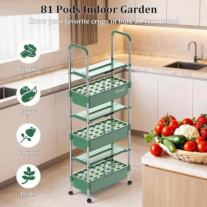Growell Hydroponics Growing System Kit, 81 Pods Vertical Indoor Herb Garden with Smart LED Grow Light, Auto Circulating Water Pump Each Tier, 42L Hydroponic Gardening Systems for Ideal Gifts (Green)