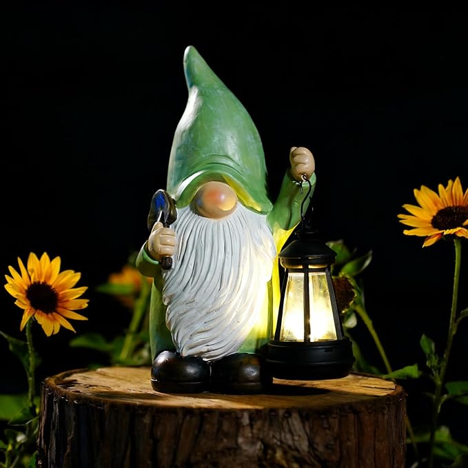 Gnome Statue with Solar Lantern - 4.92L x 9.92H | Garden Figurines for Home and Garden Decor, Gnome Decorations Gift Ideas, Gifts for Women Mom
