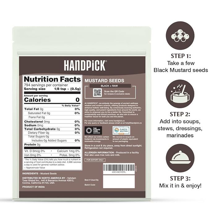 HANDPICK Culinary Black Mustard Seeds (397g/14oz), Gluten free, 100% Raw, Sourced from India, Packed in Resealable Zip Lock Pouch | All Natural - Easy to Use