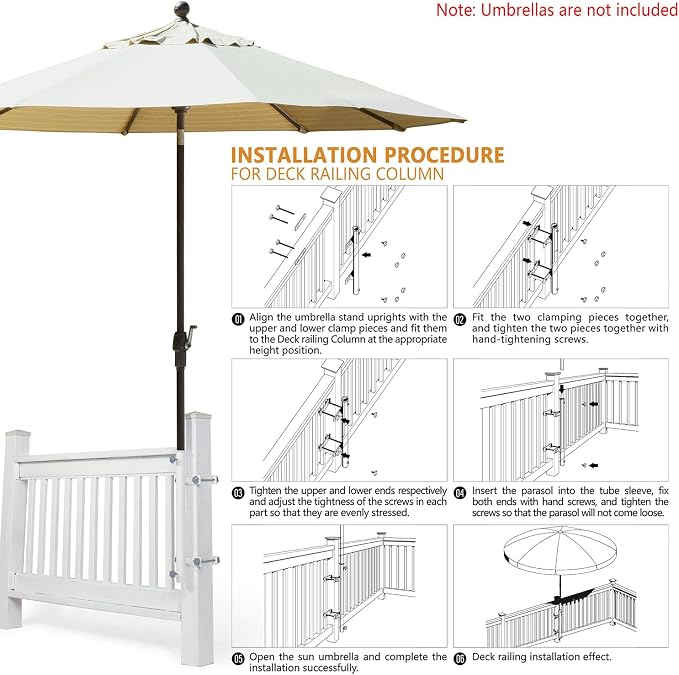 304 Stainless Steel Umbrella Holder for Deck Railing, Heavy-Duty Patio Umbrella Mount, Easy Installation Adjustable Outdoor Umbrellas Base(Post, White)