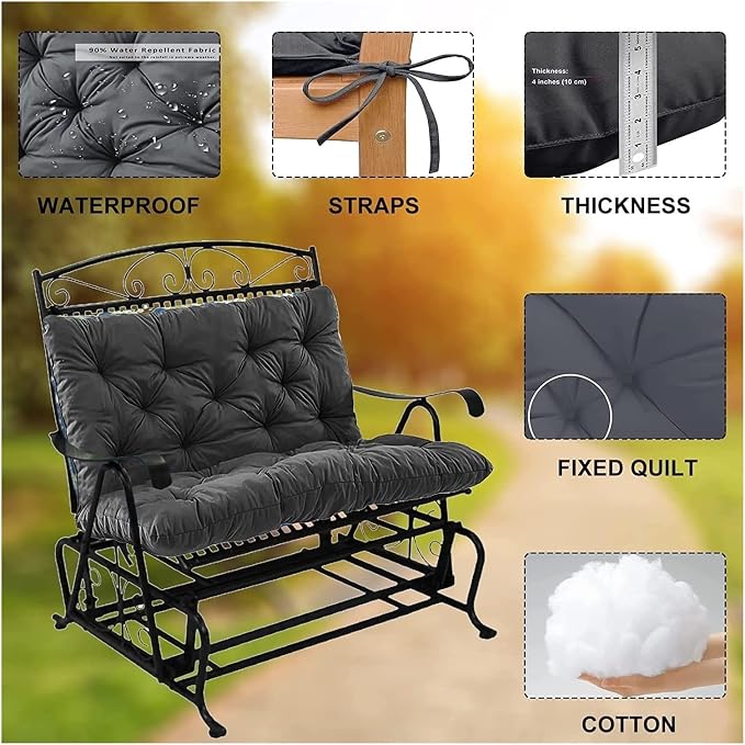Outdoor Porch Swing Cushions, 2-3 Seater, Foam Filled, Waterproof, 4in Thick, Darkgray, Polyester Fabric, for Patio, Garden, Terrace, Balcony
